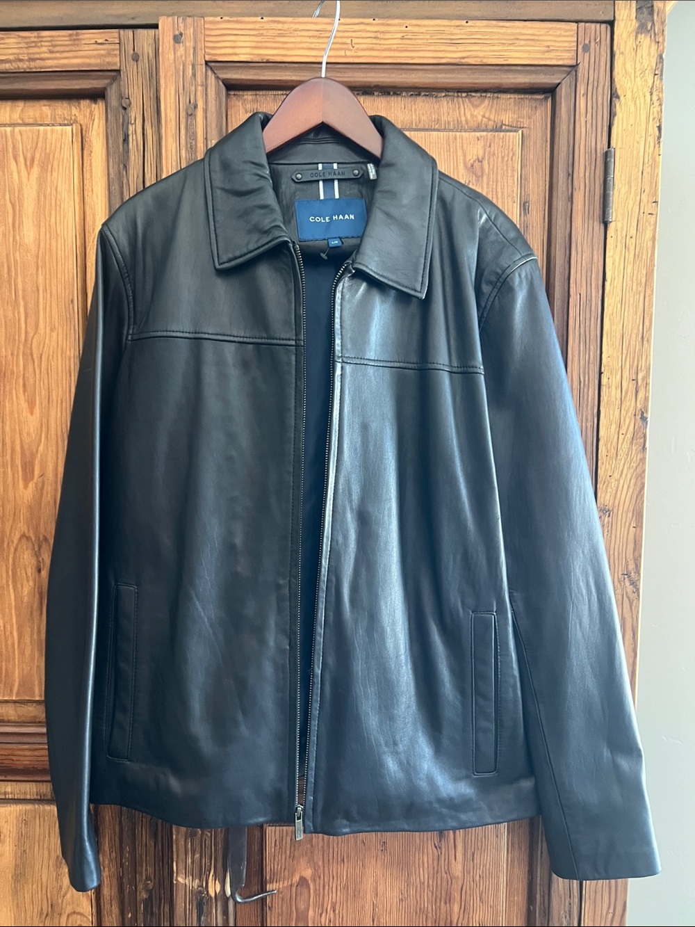Cole Haan Black Smooth Leather Zip-Front Jacket